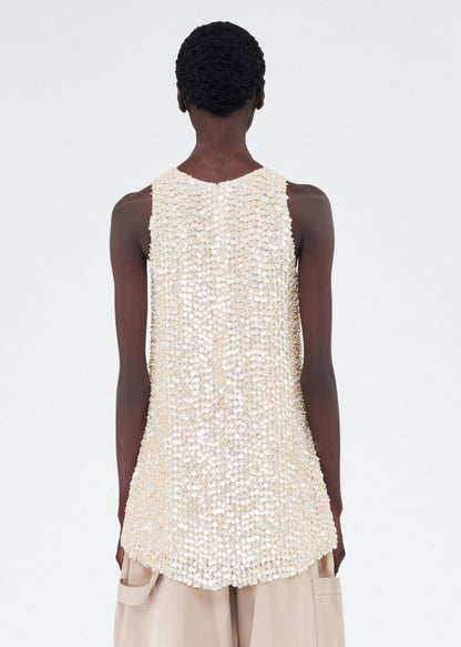 Back of model wearing the Rami Top in Embroidered Mother of Pearl
